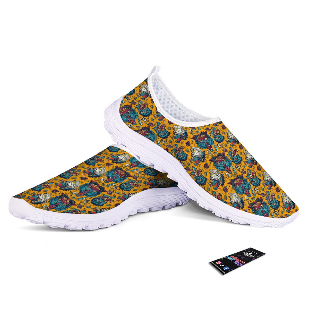 Wolf Head Yellow Tattoo Print Pattern Nurse Shoes-grizzshop