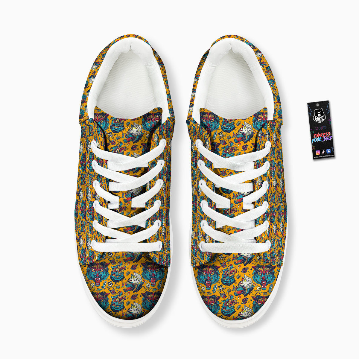Wolf Head Yellow Tattoo Print Pattern Platform Shoes-grizzshop
