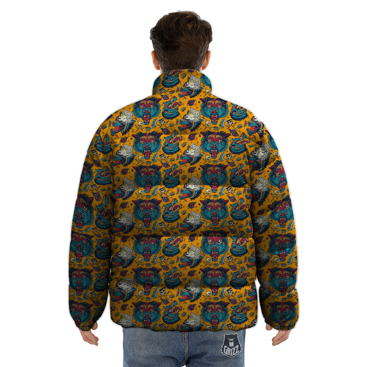 Wolf Head Yellow Tattoo Print Pattern Puffer Jacket-grizzshop
