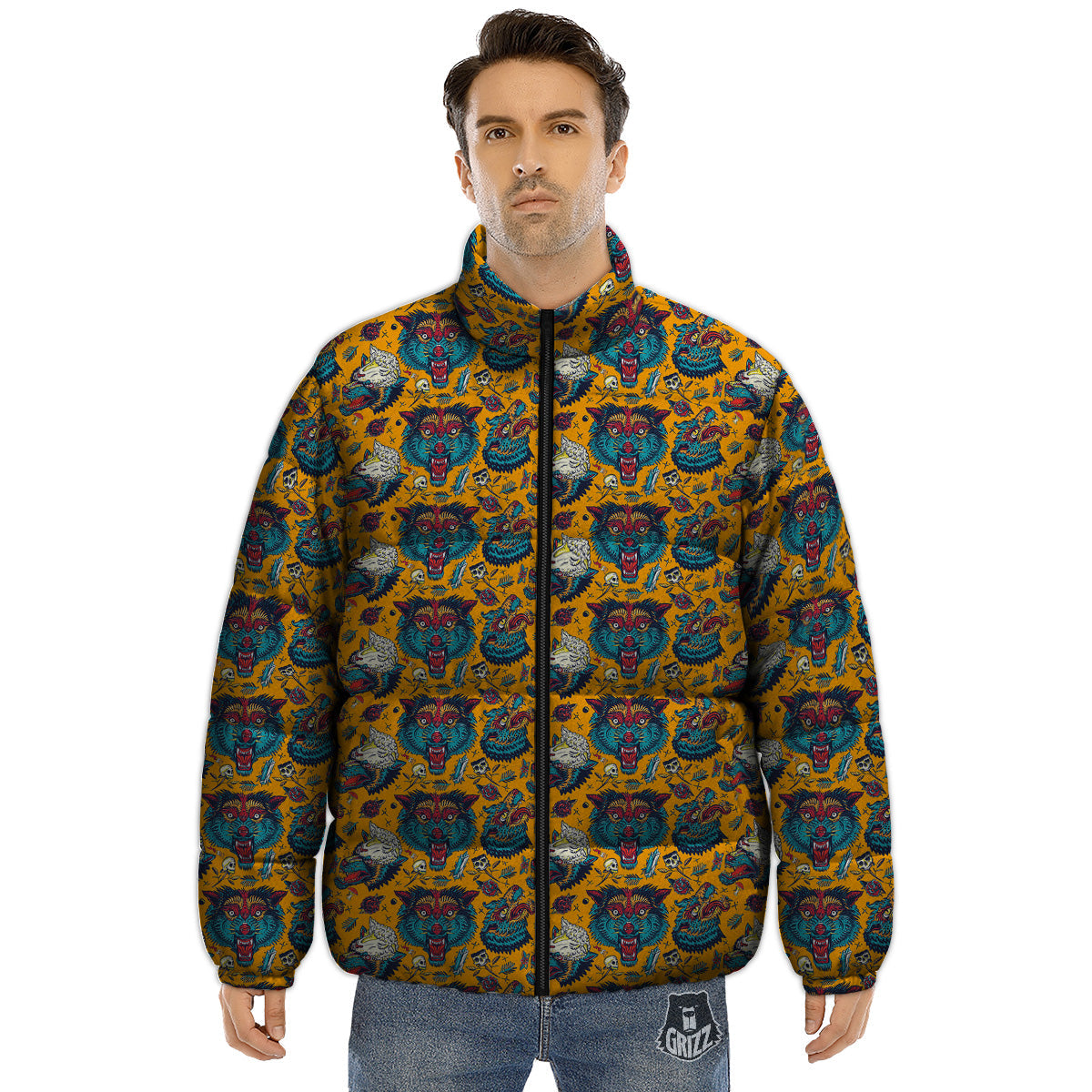 Wolf Head Yellow Tattoo Print Pattern Puffer Jacket-grizzshop