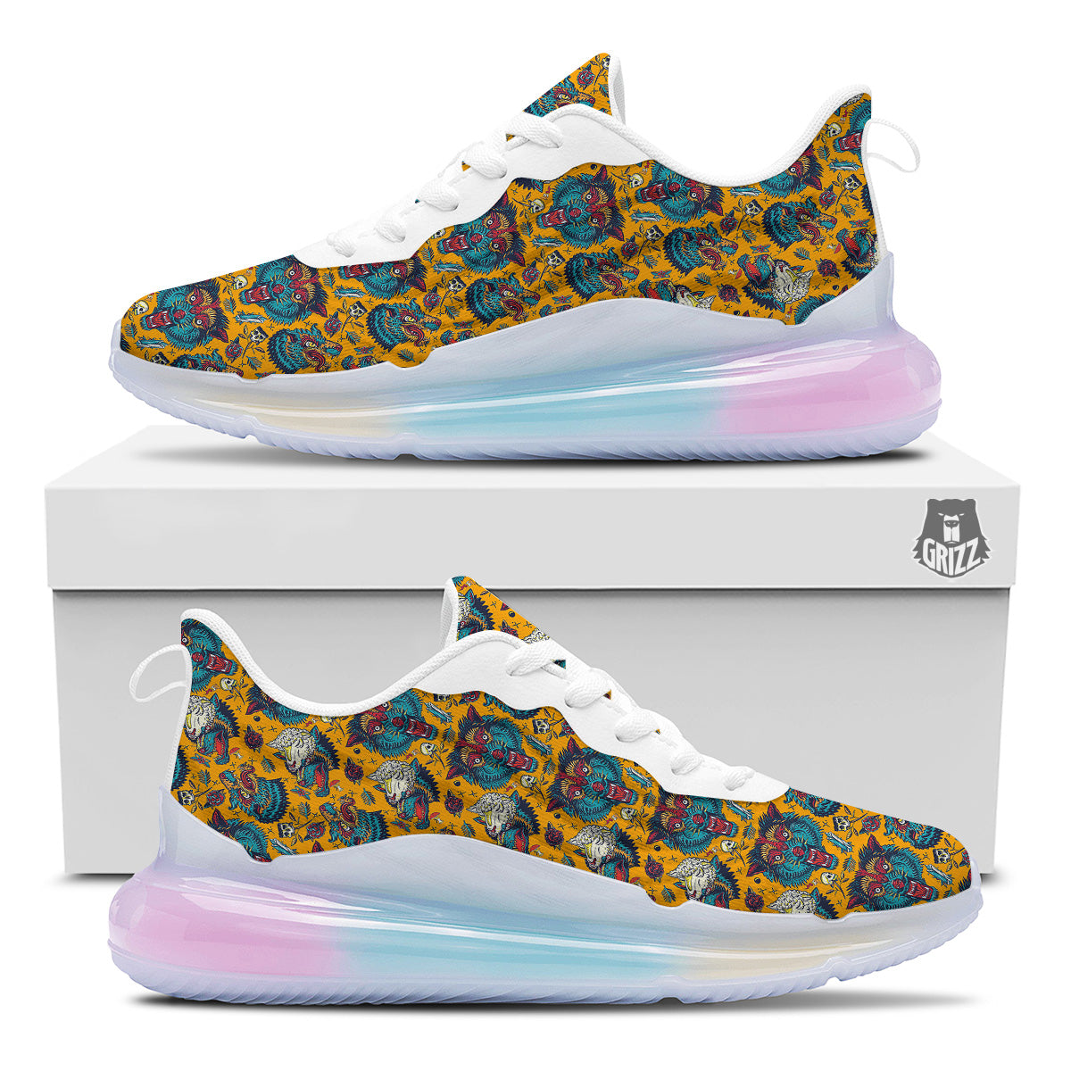 Wolf Head Yellow Tattoo Print Pattern Running Sneakers-grizzshop