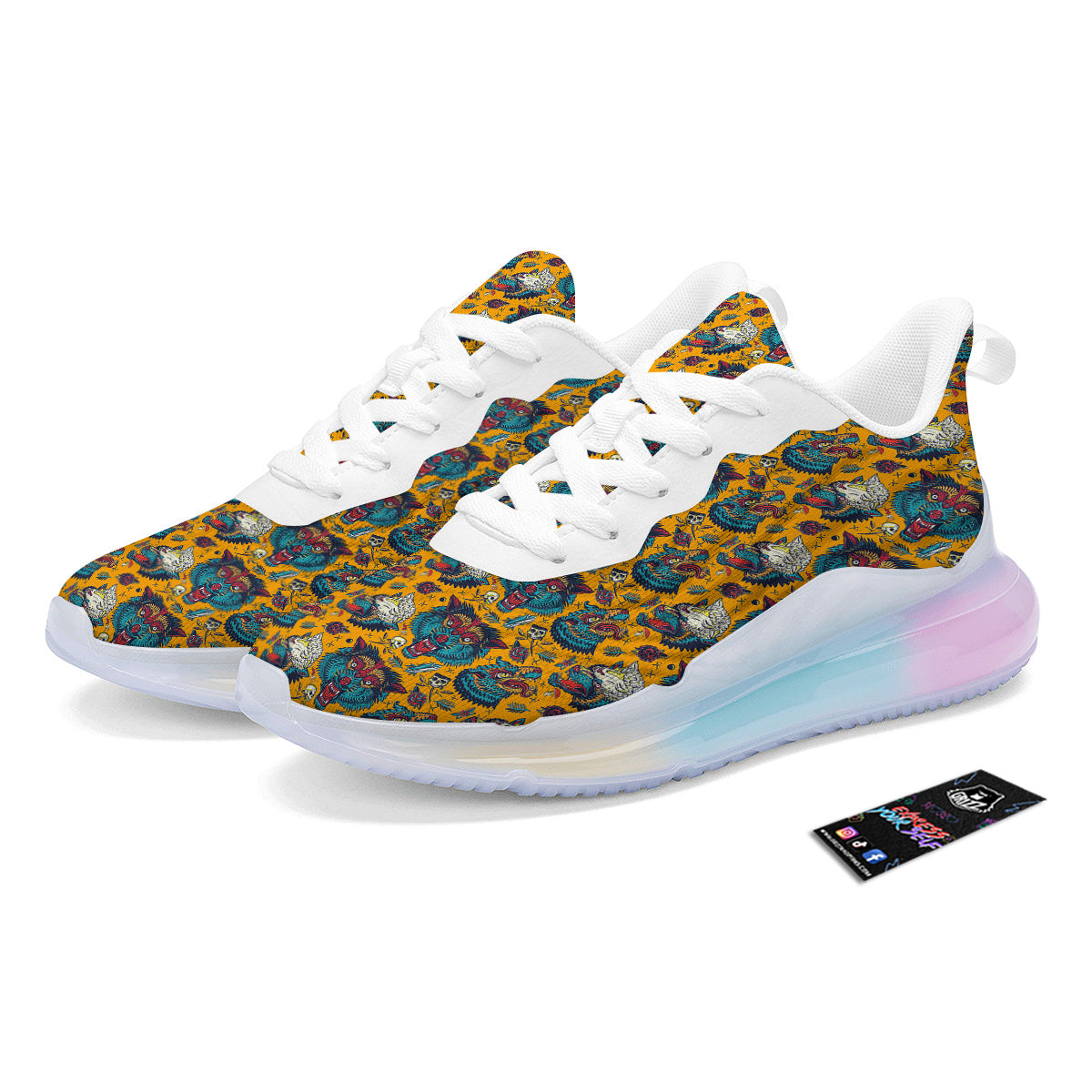 Wolf Head Yellow Tattoo Print Pattern Running Sneakers-grizzshop