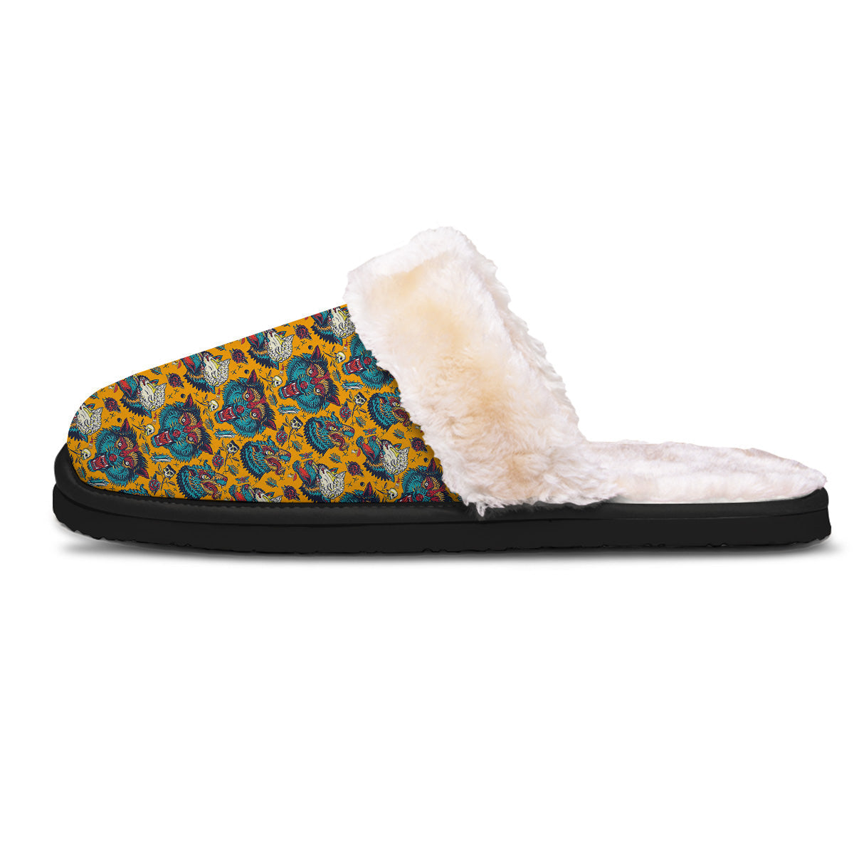 Wolf Head Yellow Tattoo Print Pattern Slippers-grizzshop