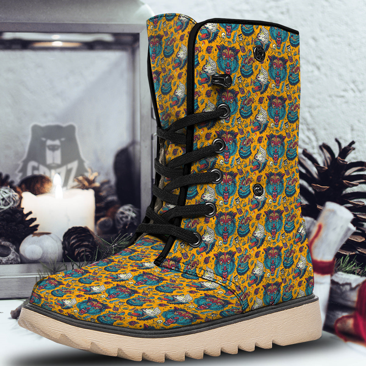 Wolf Head Yellow Tattoo Print Pattern Snow Boots-grizzshop