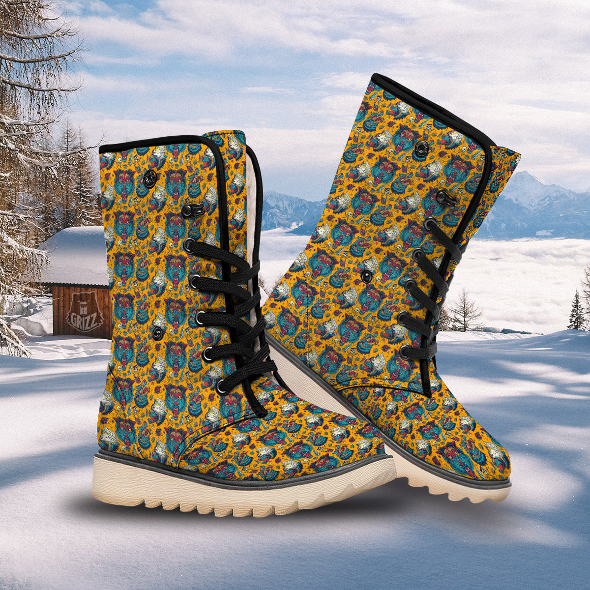 Wolf Head Yellow Tattoo Print Pattern Snow Boots-grizzshop