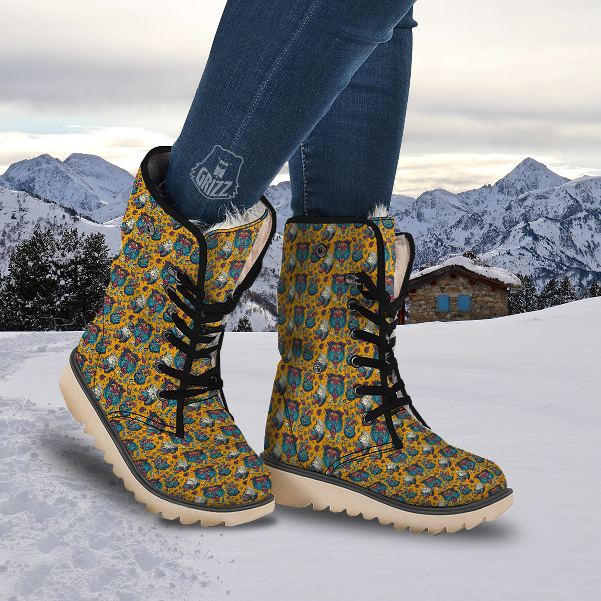 Wolf Head Yellow Tattoo Print Pattern Snow Boots-grizzshop