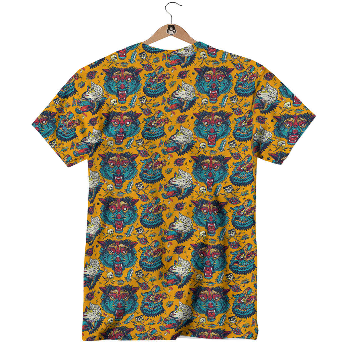Wolf Head Yellow Tattoo Print Pattern T-Shirt-grizzshop