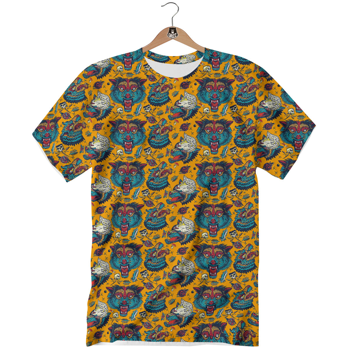 Wolf Head Yellow Tattoo Print Pattern T-Shirt-grizzshop