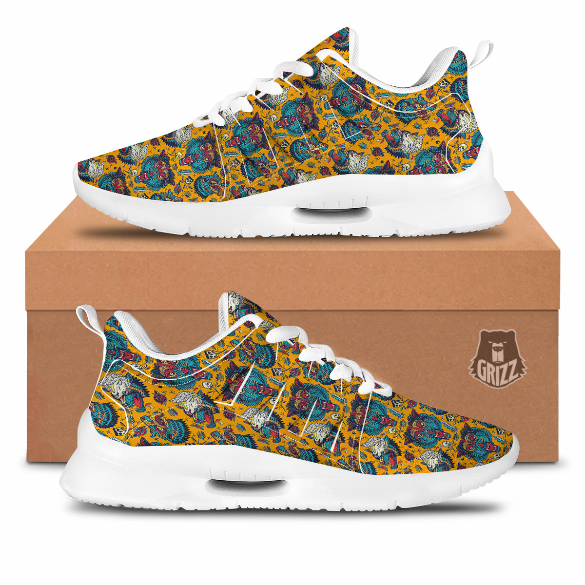 Wolf Head Yellow Tattoo Print Pattern Tennis Shoes-grizzshop