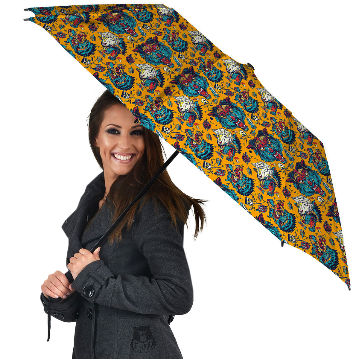 Wolf Head Yellow Tattoo Print Pattern Umbrella-grizzshop