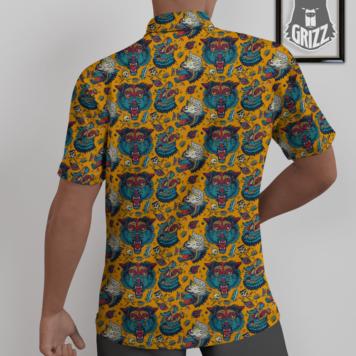 Wolf Head Yellow Tattoo Print Pattern Untucked Shirts-grizzshop