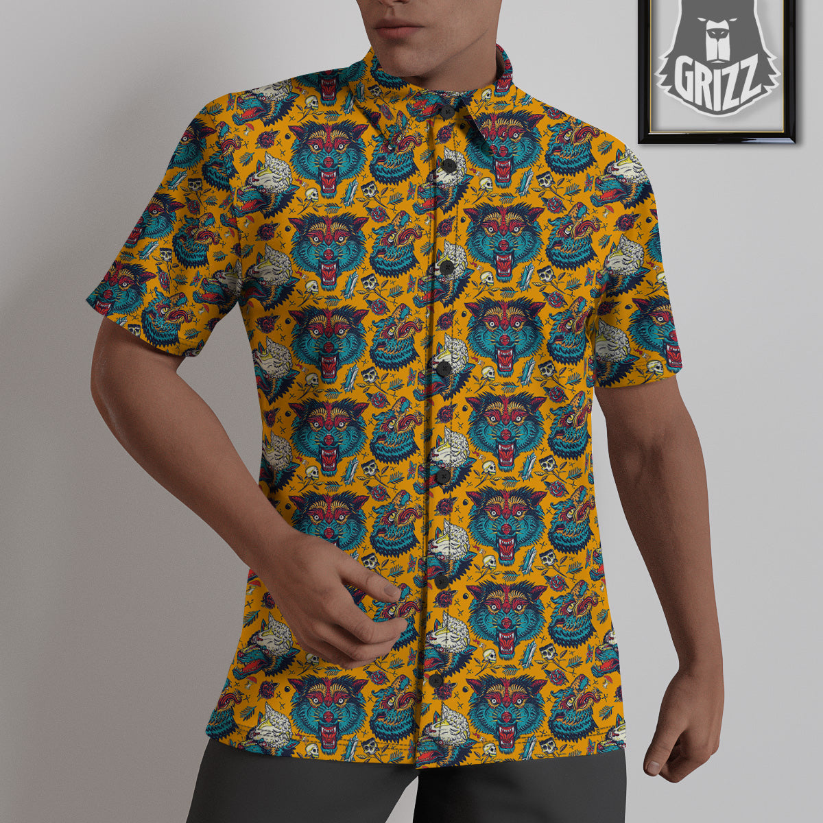 Wolf Head Yellow Tattoo Print Pattern Untucked Shirts-grizzshop