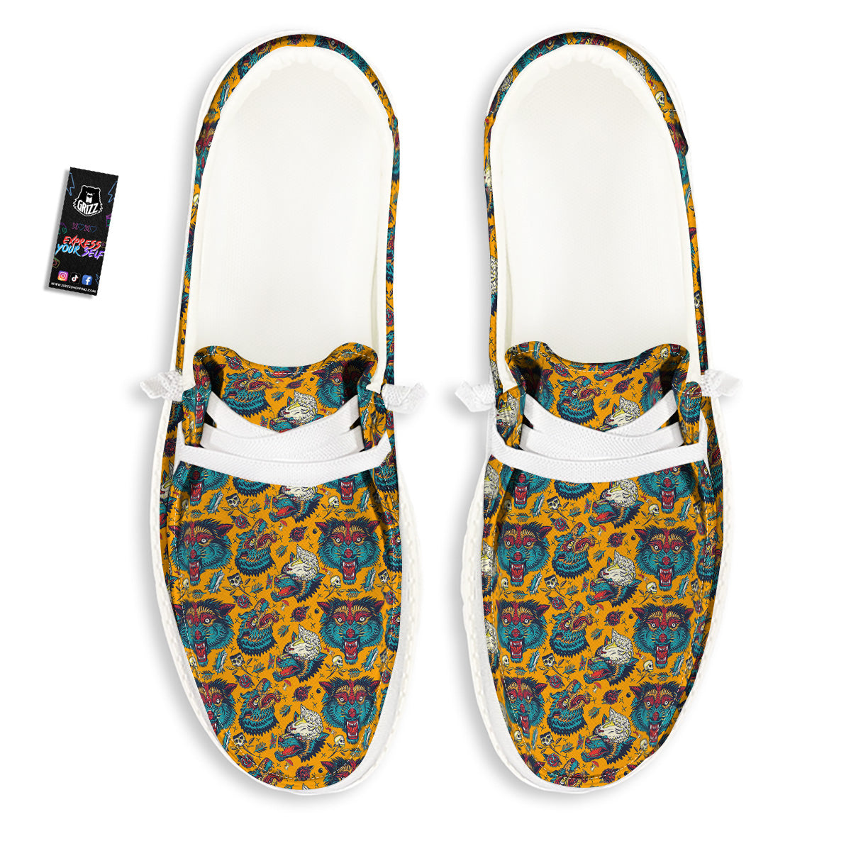 Wolf Head Yellow Tattoo Print Pattern White Loafers-grizzshop