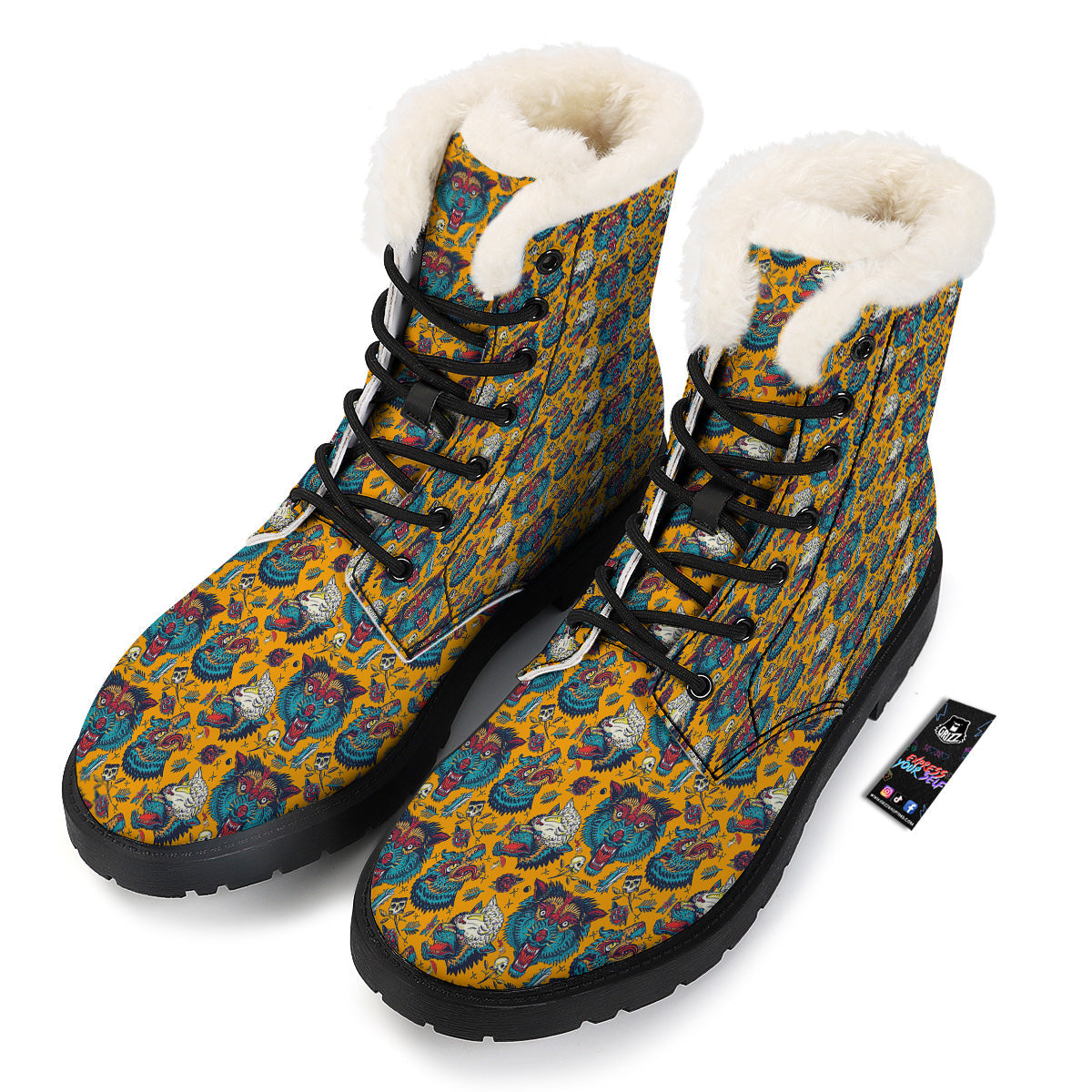 Wolf Head Yellow Tattoo Print Pattern Winter Boots-grizzshop