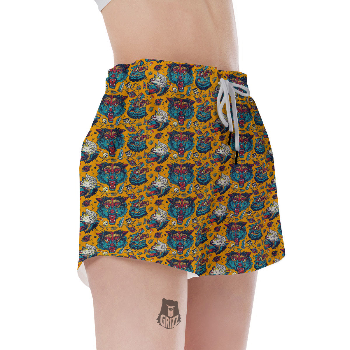 Wolf Head Yellow Tattoo Print Pattern Women's Shorts-grizzshop