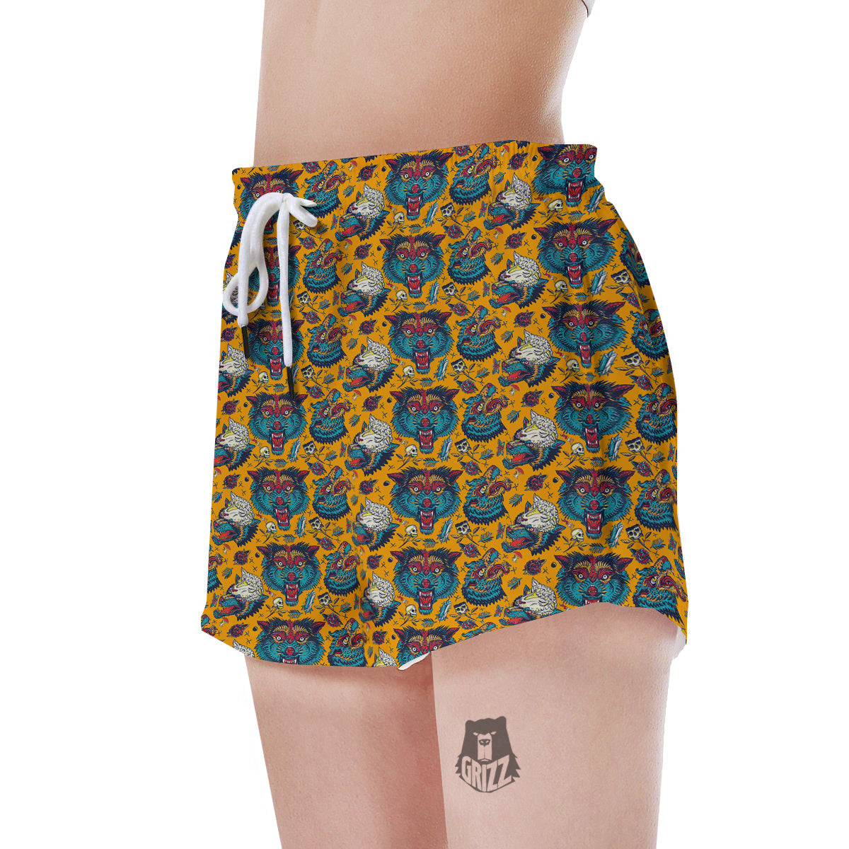 Wolf Head Yellow Tattoo Print Pattern Women's Shorts-grizzshop