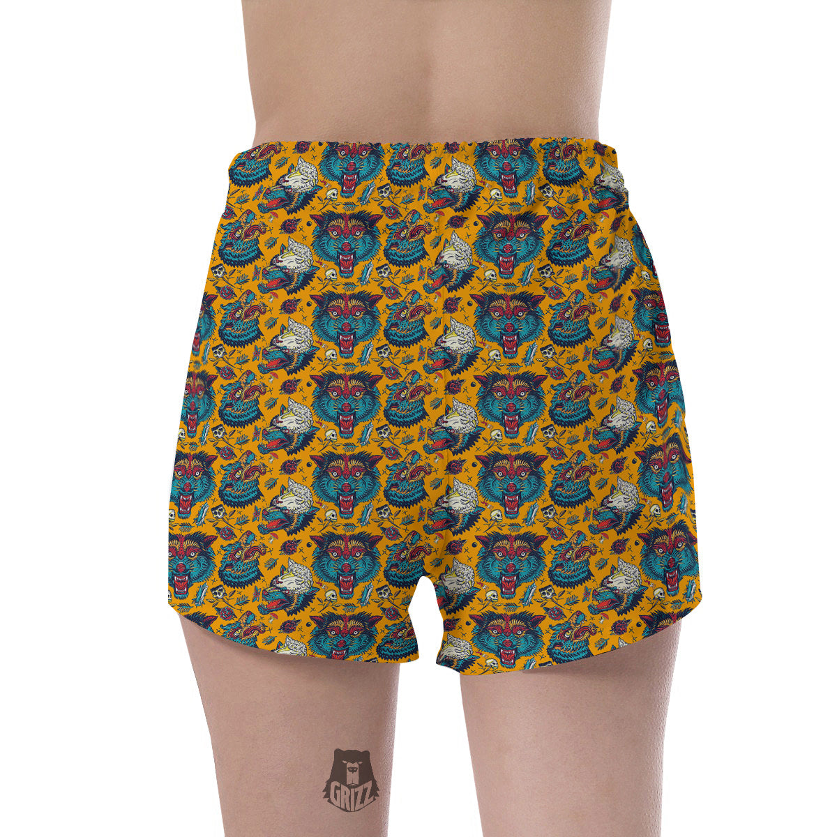 Wolf Head Yellow Tattoo Print Pattern Women's Shorts-grizzshop