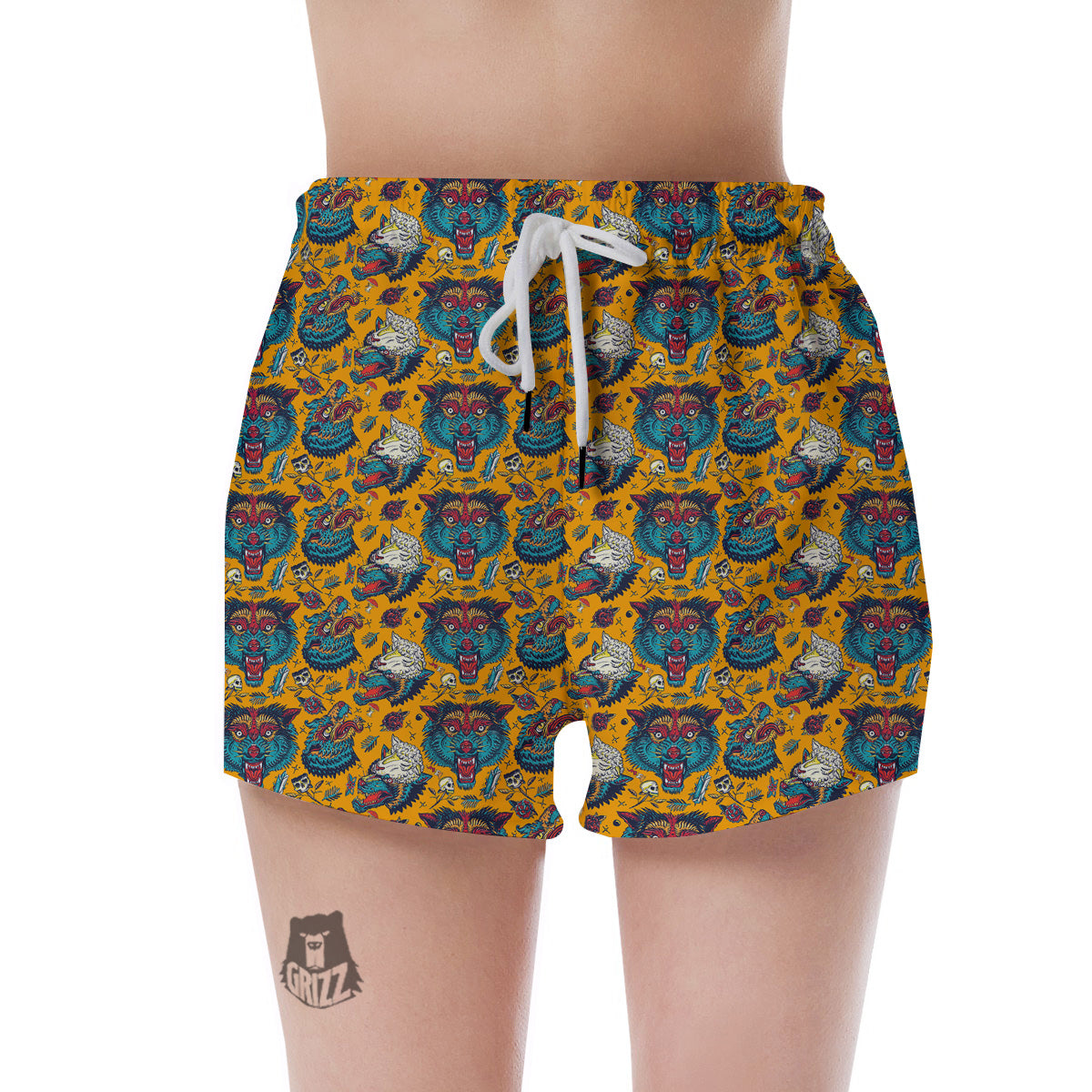 Wolf Head Yellow Tattoo Print Pattern Women's Shorts-grizzshop