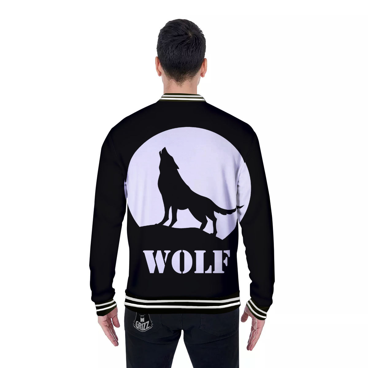 Wolf Howling Monochrome Print Baseball Jacket-grizzshop