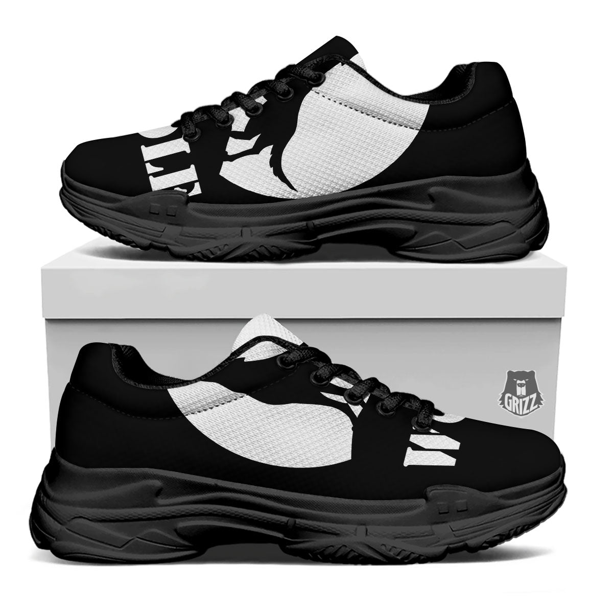Wolf Howling Monochrome Print Black Chunky Shoes-grizzshop