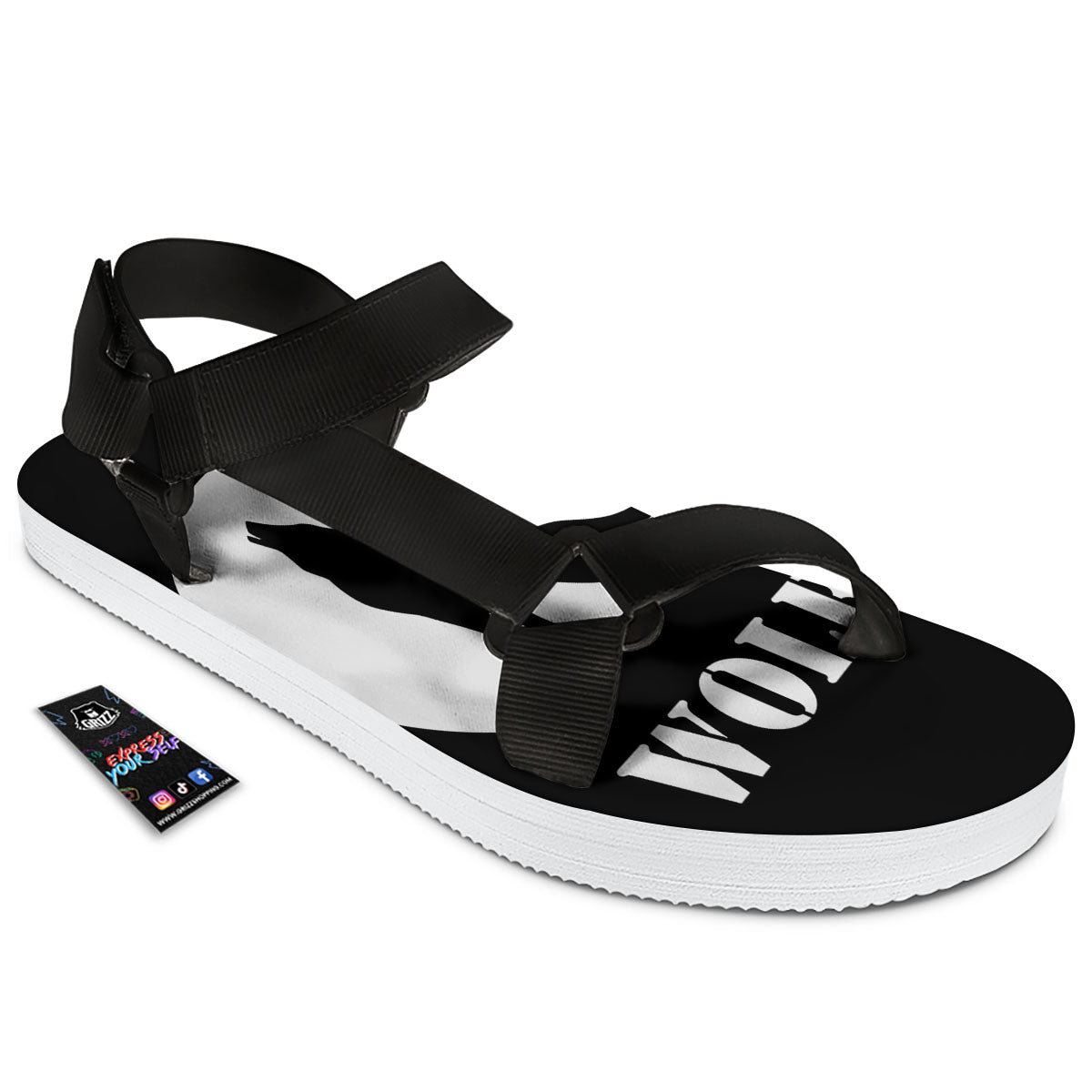 Wolf Howling Monochrome Print Black Open Toe Sandals-grizzshop