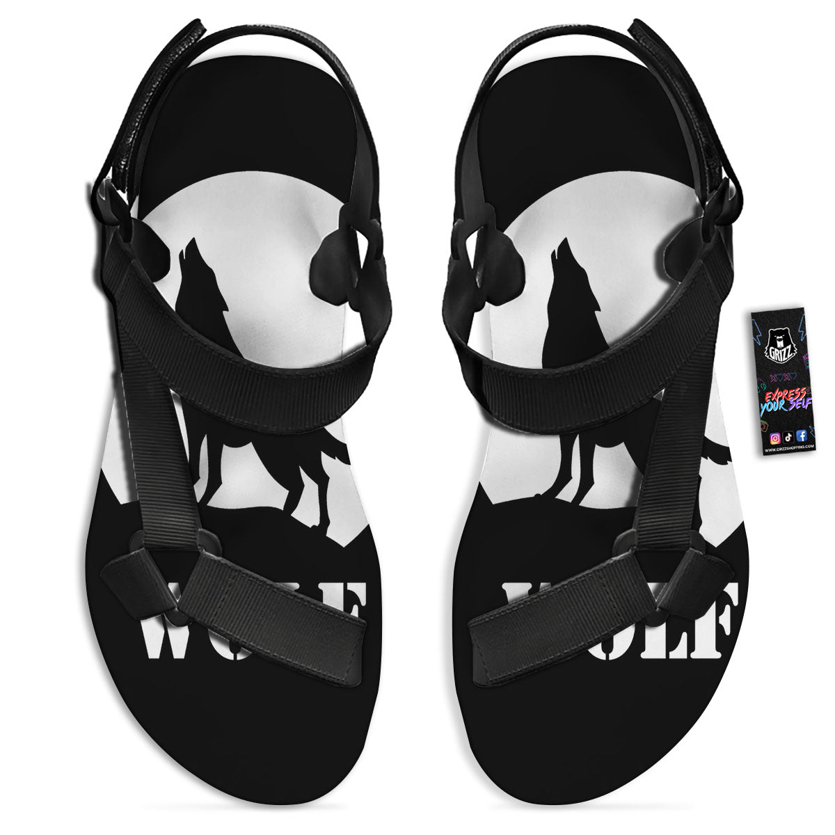 Wolf Howling Monochrome Print Black Open Toe Sandals-grizzshop
