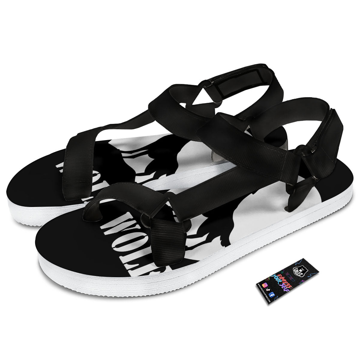 Wolf Howling Monochrome Print Black Open Toe Sandals-grizzshop