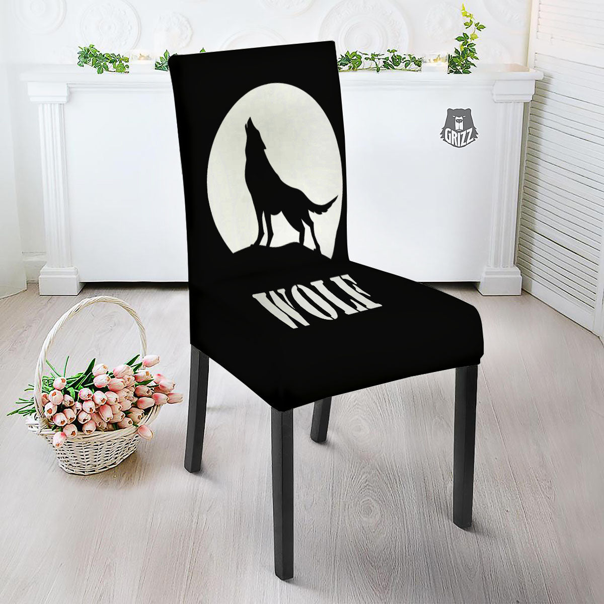 Wolf Howling Monochrome Print Dining Chair Slipcover-grizzshop