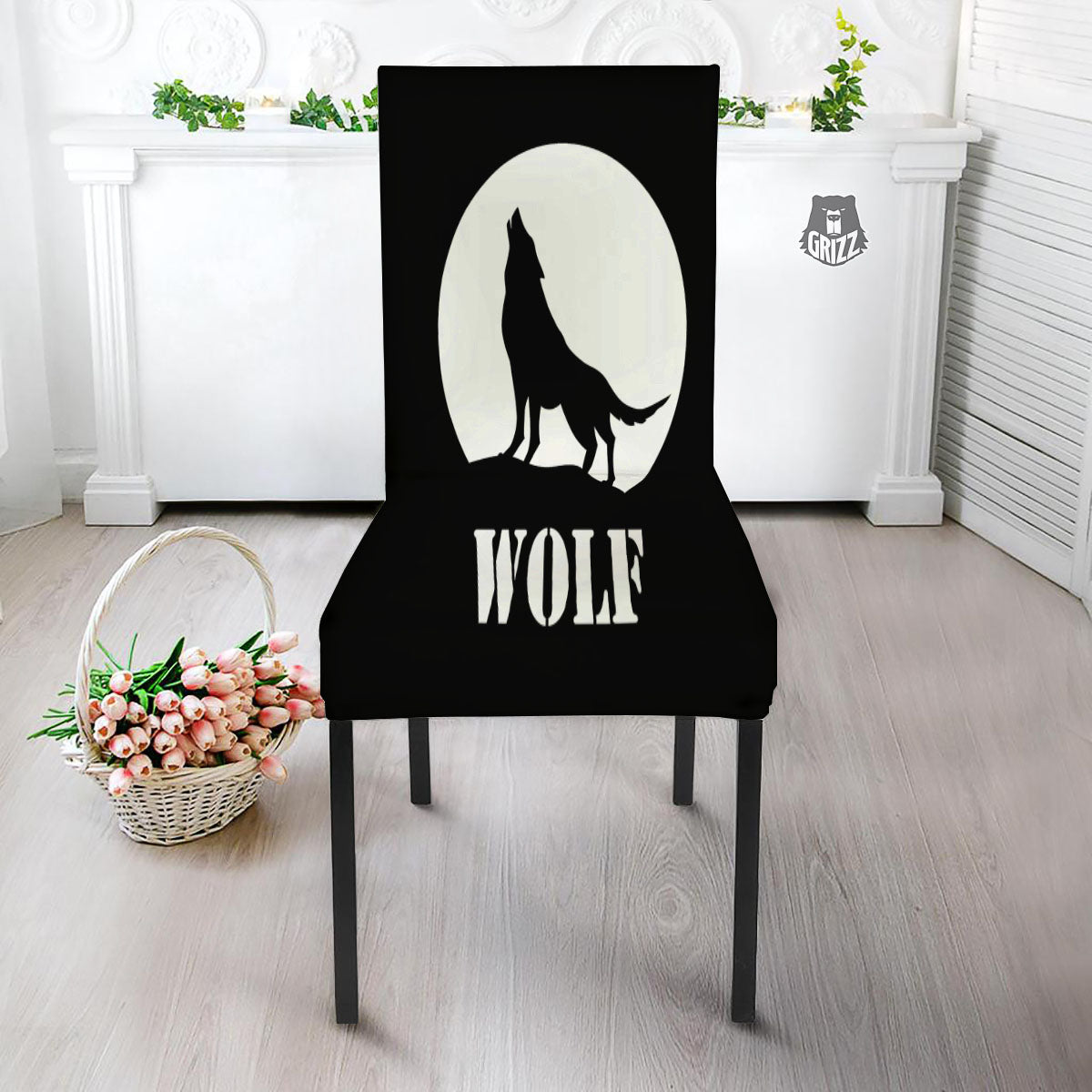 Wolf Howling Monochrome Print Dining Chair Slipcover-grizzshop