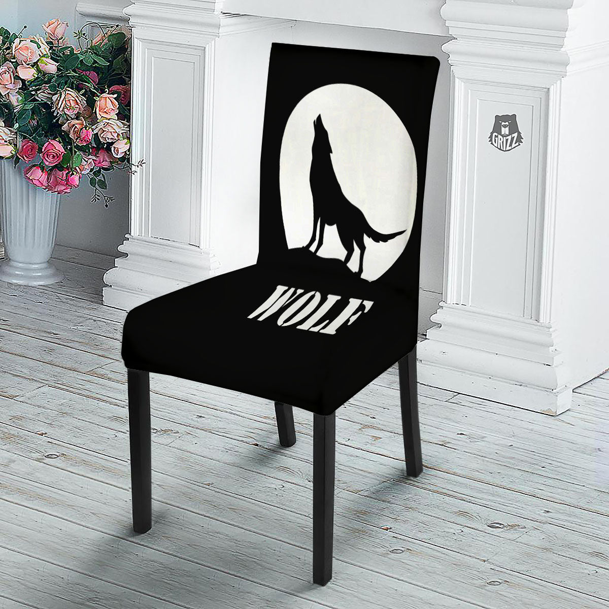 Wolf Howling Monochrome Print Dining Chair Slipcover-grizzshop