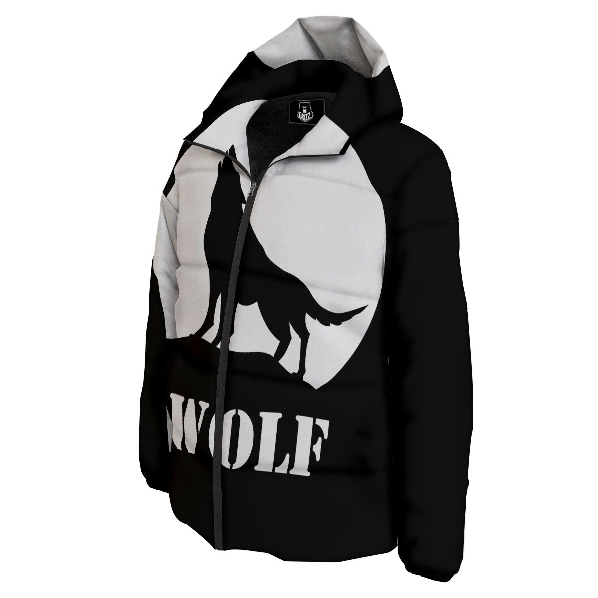 Wolf Howling Monochrome Print Down Jacket-grizzshop