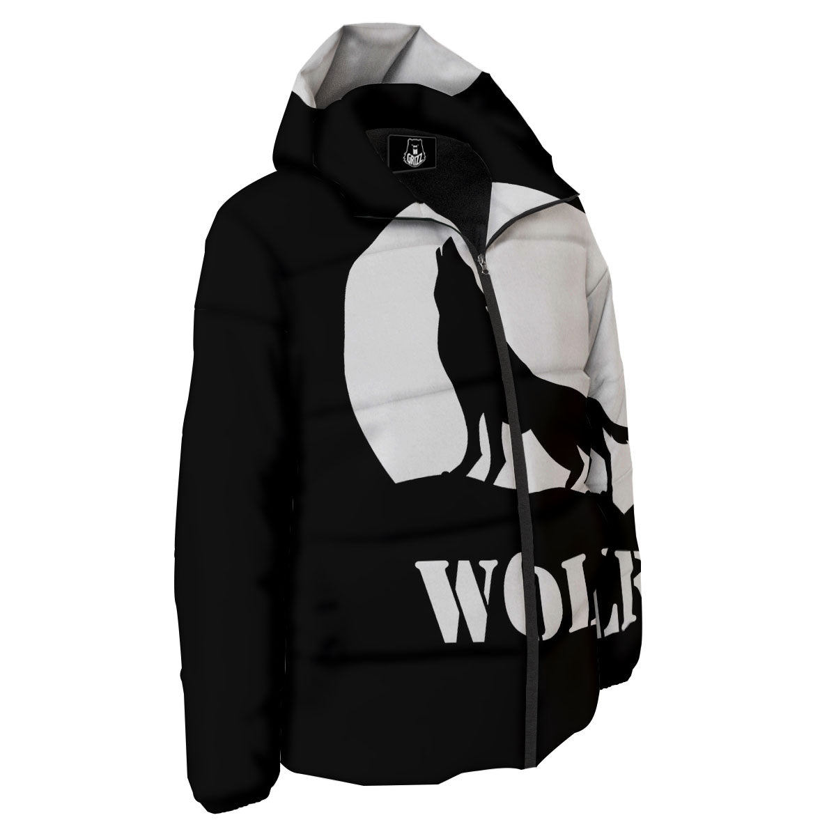 Wolf Howling Monochrome Print Down Jacket-grizzshop