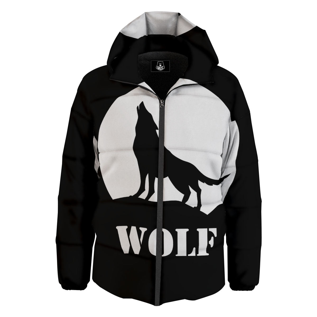 Wolf Howling Monochrome Print Down Jacket-grizzshop