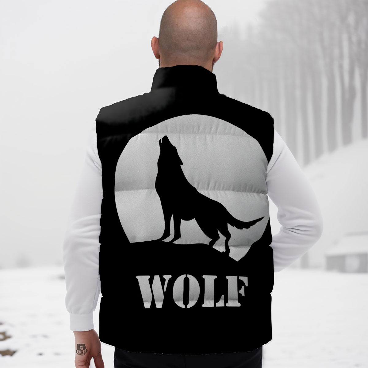 Wolf Howling Monochrome Print Down Vest