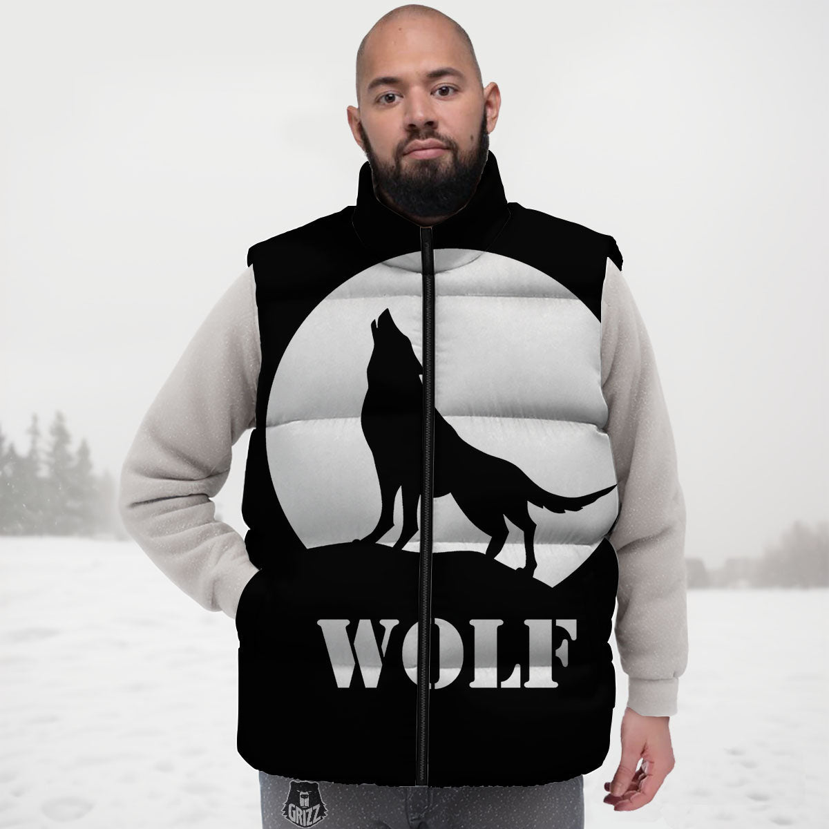 Wolf Howling Monochrome Print Down Vest