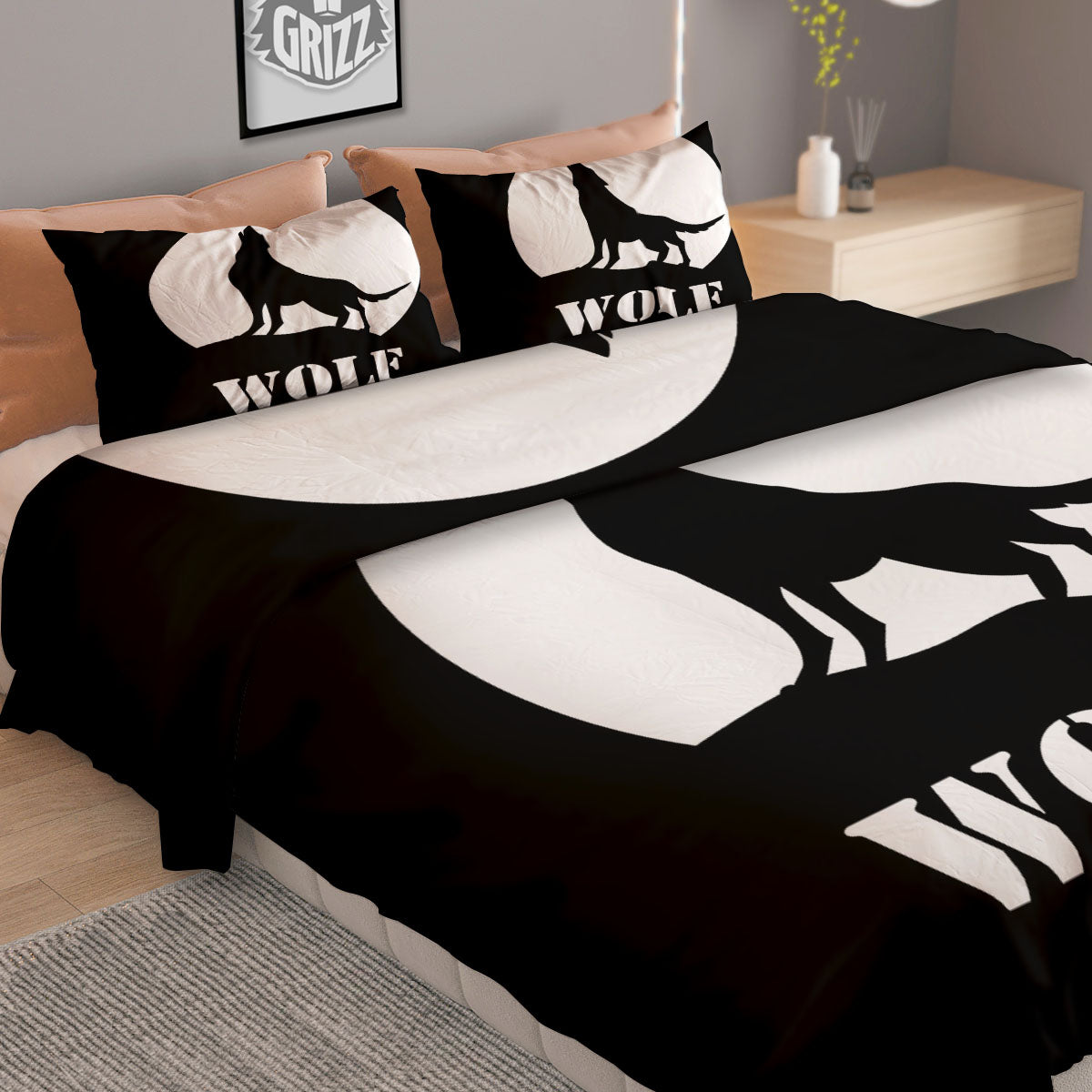 Wolf Howling Monochrome Print Duvet Cover Bedding Set
