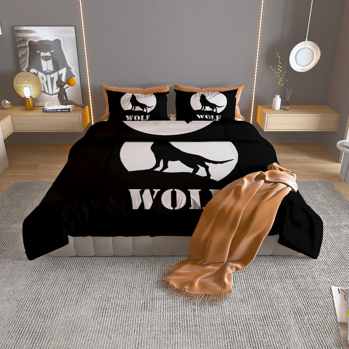 Wolf Howling Monochrome Print Duvet Cover Bedding Set