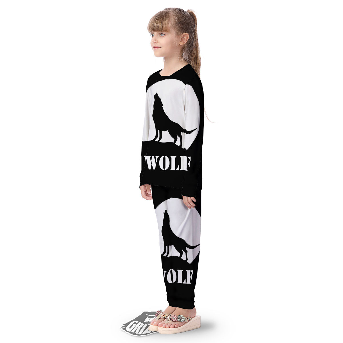 Wolf Howling Monochrome Print Kid's Pajamas-grizzshop