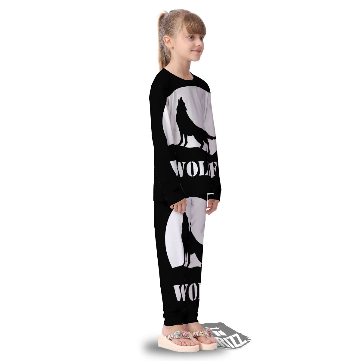 Wolf Howling Monochrome Print Kid's Pajamas-grizzshop