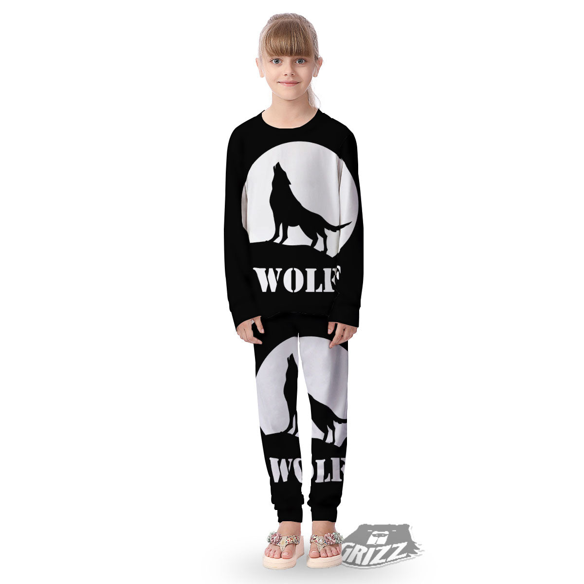 Wolf Howling Monochrome Print Kid's Pajamas-grizzshop