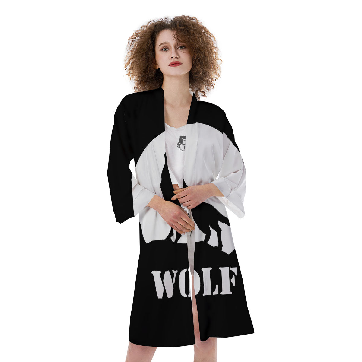 Wolf Howling Monochrome Print Kimono-grizzshop
