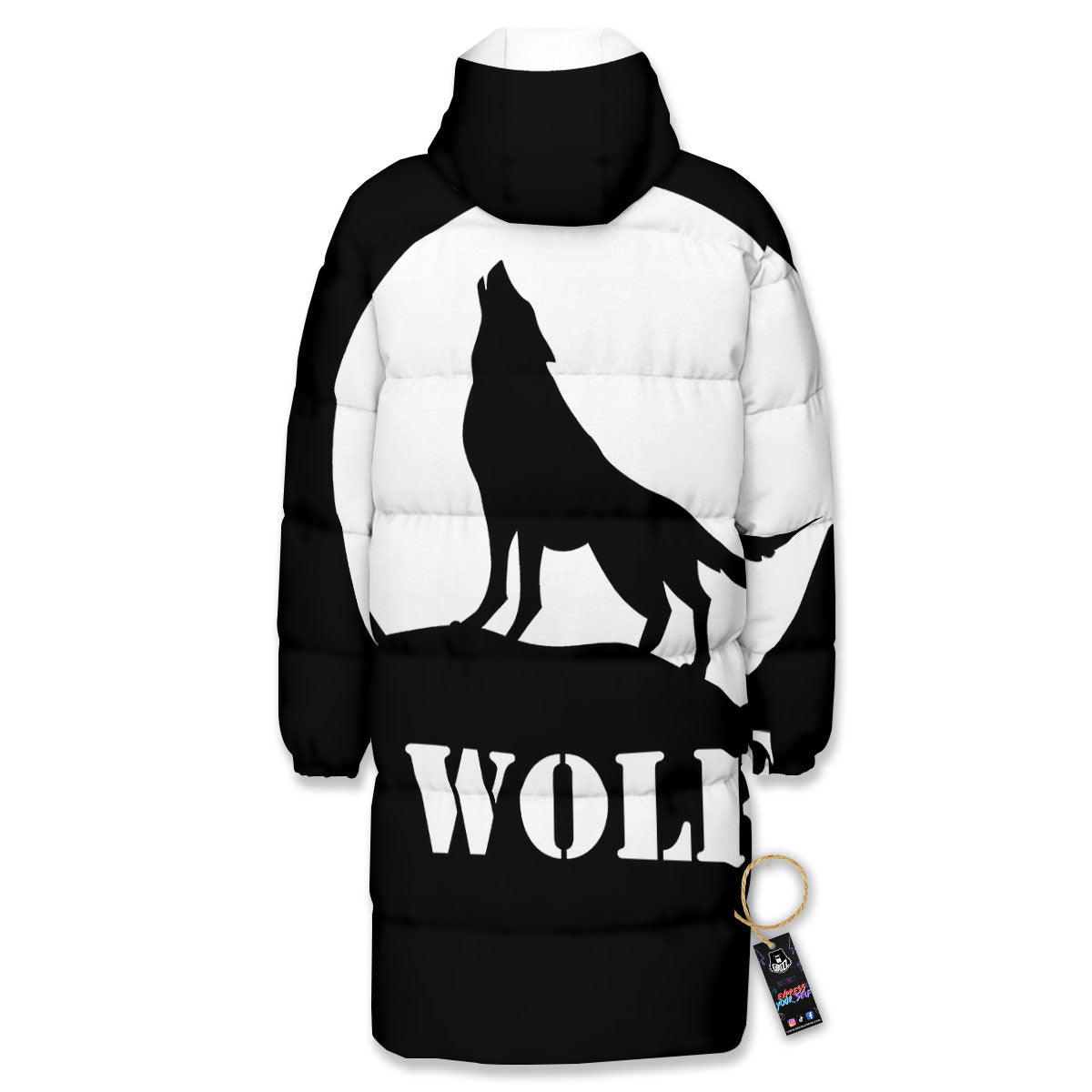Wolf Howling Monochrome Print Long Down Jacket-grizzshop