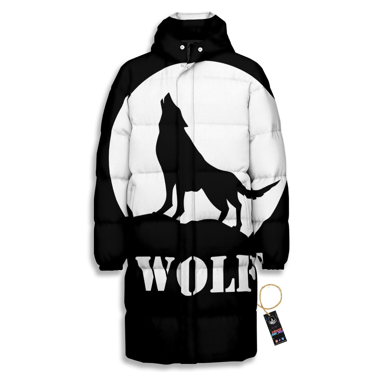 Wolf Howling Monochrome Print Long Down Jacket-grizzshop