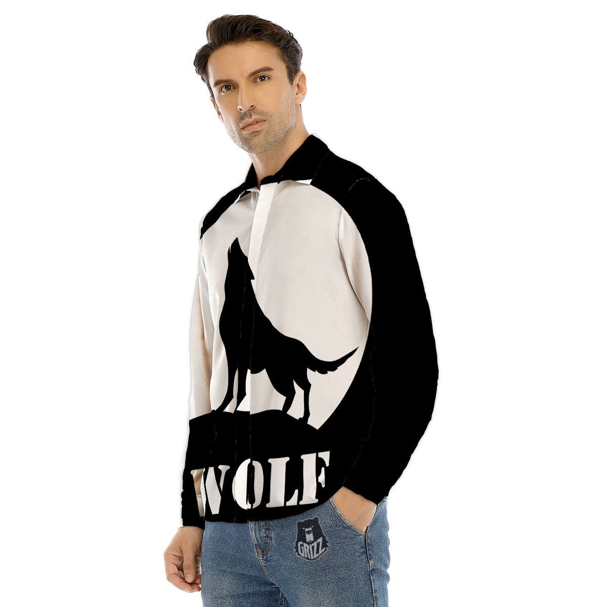 Wolf Howling Monochrome Print Men's Dress Shirts-grizzshop