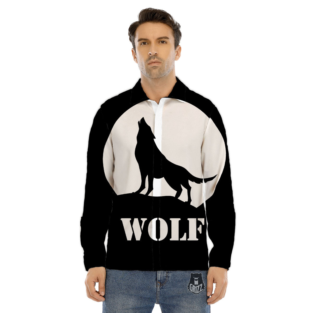 Wolf Howling Monochrome Print Men's Dress Shirts-grizzshop