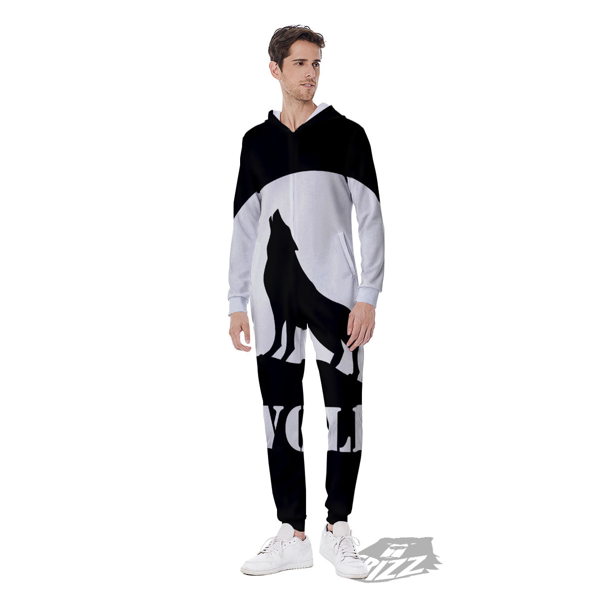Wolf Howling Monochrome Print Men's Jumpsuit-grizzshop