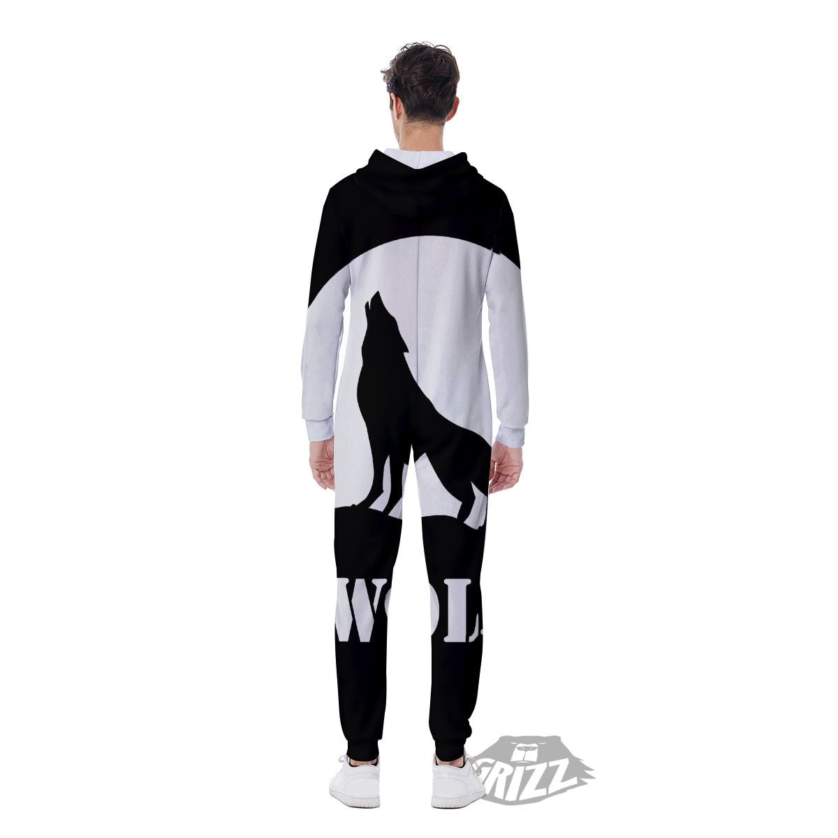 Wolf Howling Monochrome Print Men's Jumpsuit-grizzshop