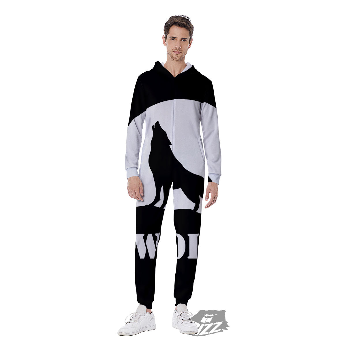 Wolf Howling Monochrome Print Men's Jumpsuit-grizzshop