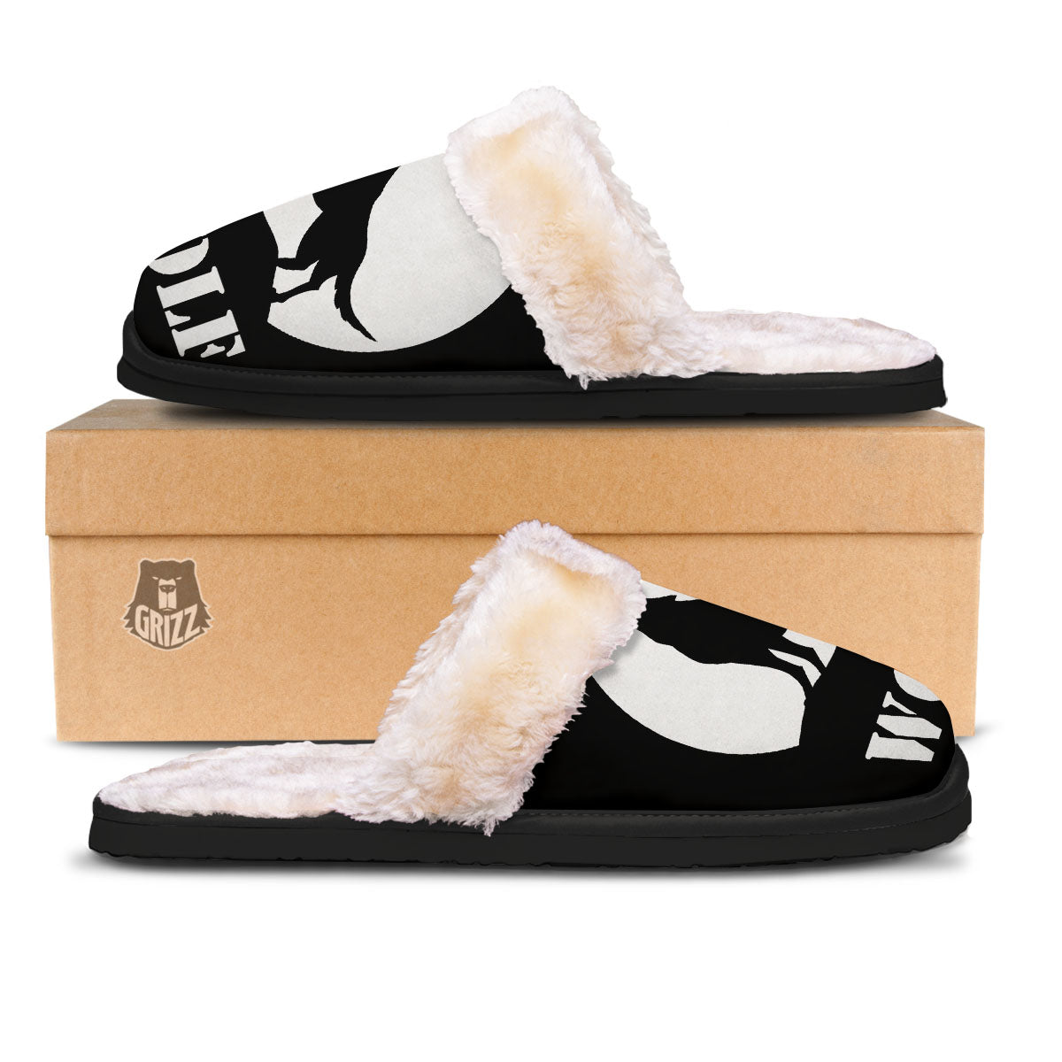Wolf Howling Monochrome Print Slippers-grizzshop