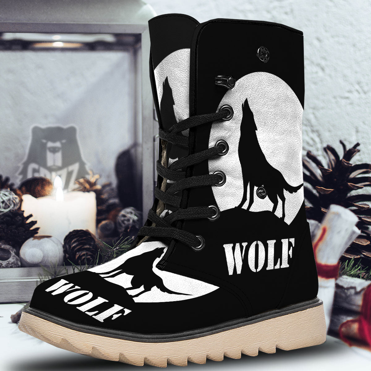 Wolf Howling Monochrome Print Snow Boots-grizzshop